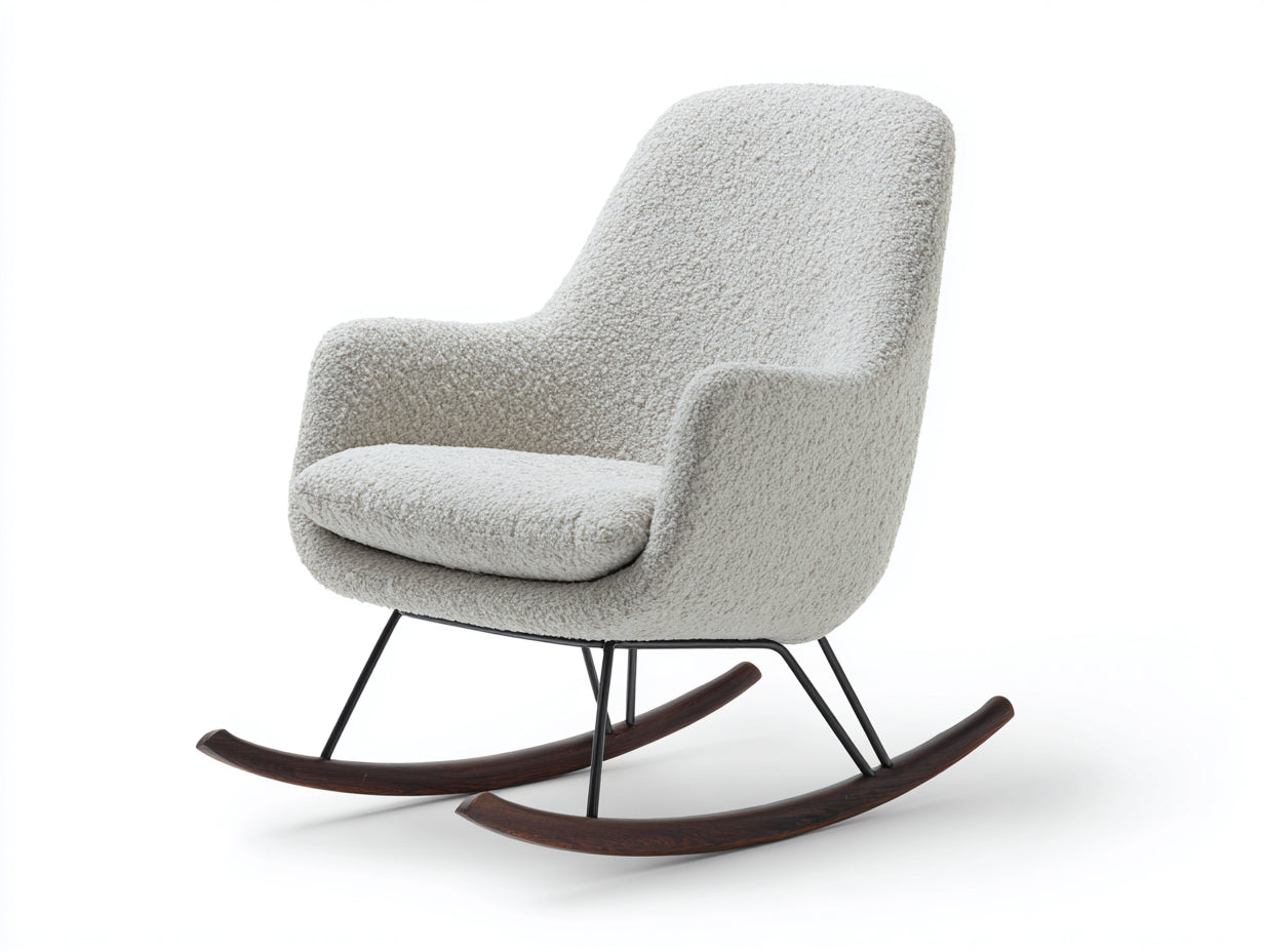 Schaukelstühle Bouclé Stoff Metall und Holz 80x72x92 cm - Creme-Schwarz-Dunkelbraun - moderner Relax-Stil für Wohnzimmer