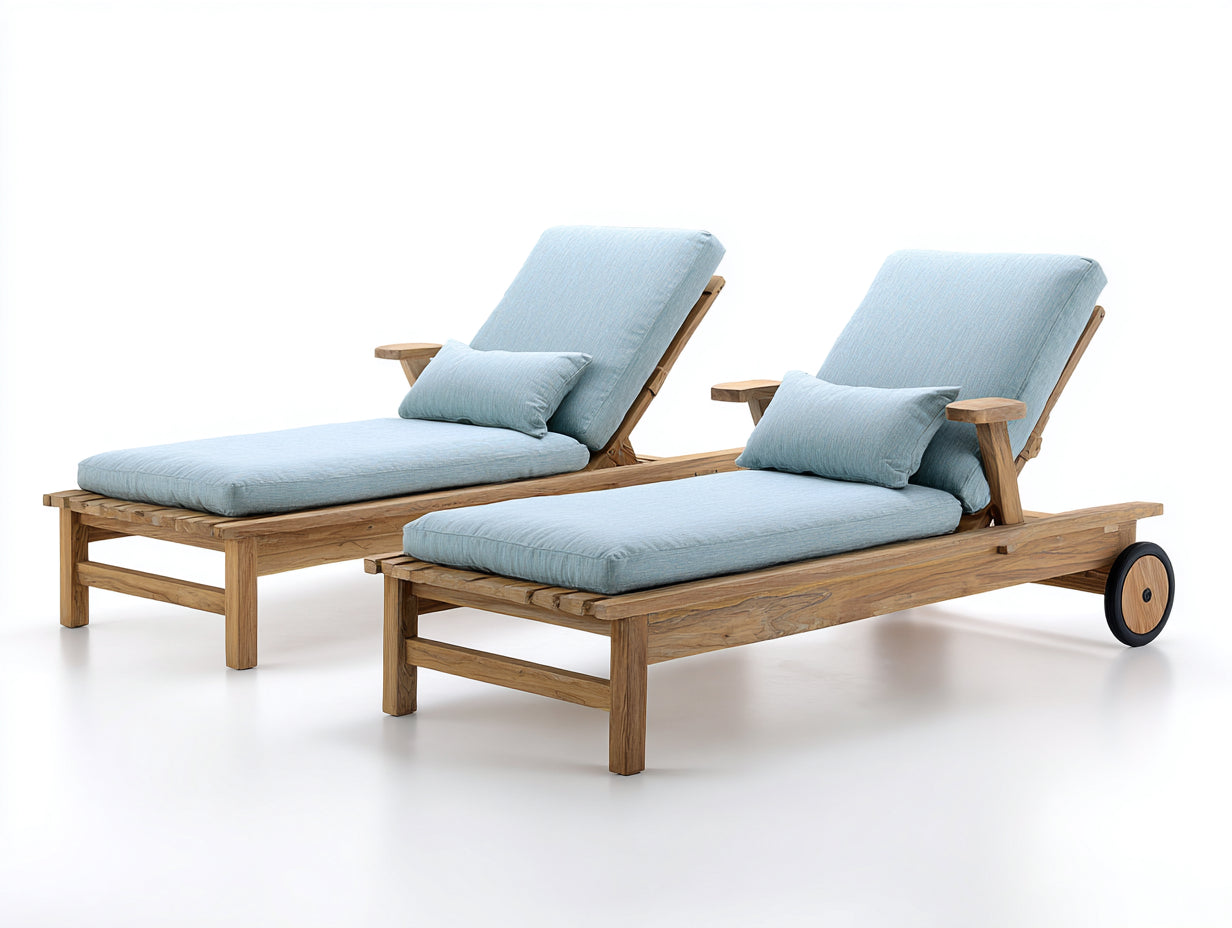 Sonnenliege 2er Set Holz und Stoff 200x75x84 cm - Natur-Hellblau - verstellbarer Gartenstil mit Rollen