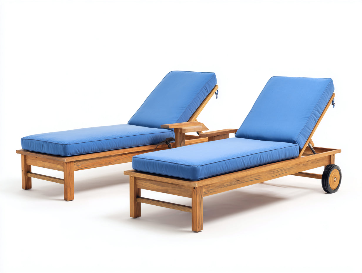 Sonnenliege 2er Set Holz 200x72x85 cm - Natur-Blau - verstellbarer Terrassenstil für Garten