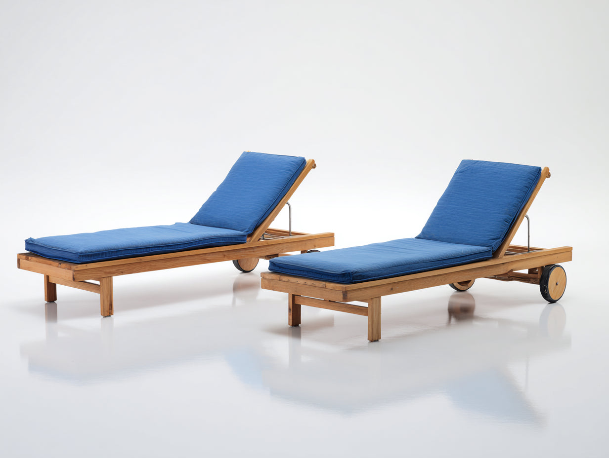 Sonnenliege 2er Set Holz 200x70x84 cm - Natur-Blau - verstellbarer Gartenstil mit Rollen