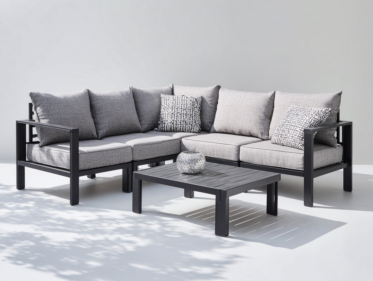 Gartensofa Aluminium und Webstoff 250x250x70 cm grau für Garten und Terrasse - L-Form mit Couchtisch