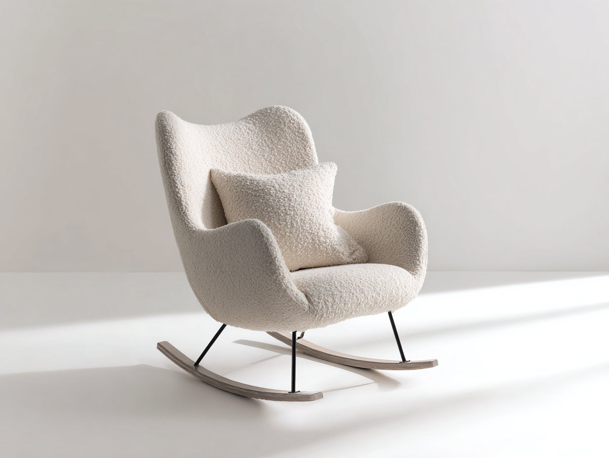 Schaukelstühle Bouclé-Stoff und Holz 100x78x98 cm cremeweiß für Wohnzimmer - moderner Ohrensessel mit Kufen