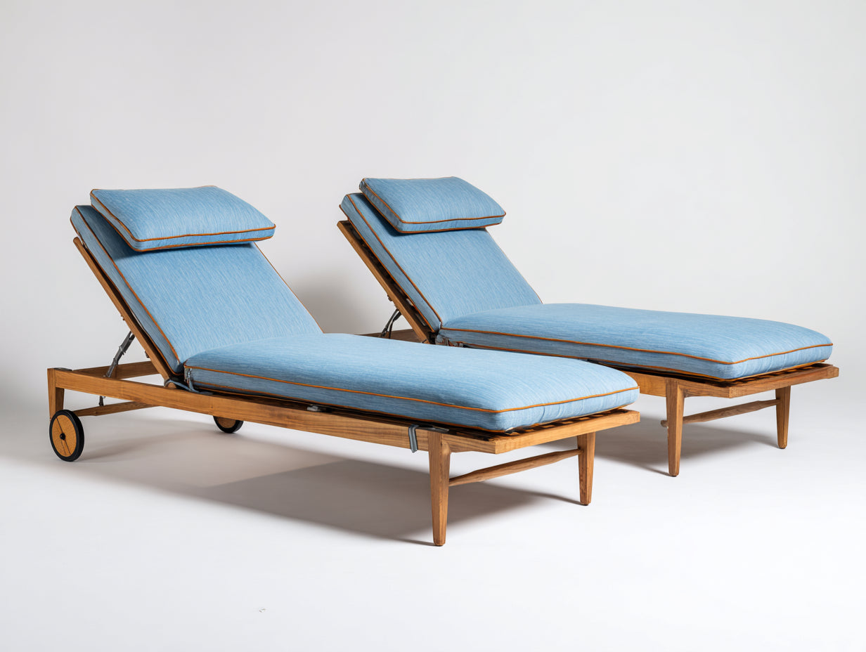 2er Sonnenliege Set aus Holz mit Polsterauflage 200 x 75 x 90 cm - Hellblau und Natur - Verstellbare Rückenlehne mit Rollen für Garten und Terrasse