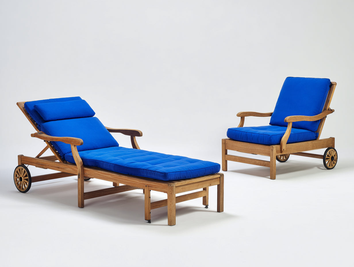 Sonnenliege Holz 200x73x86 cm - Natur und Blau - 2er Set mit Armlehnen und Rollen