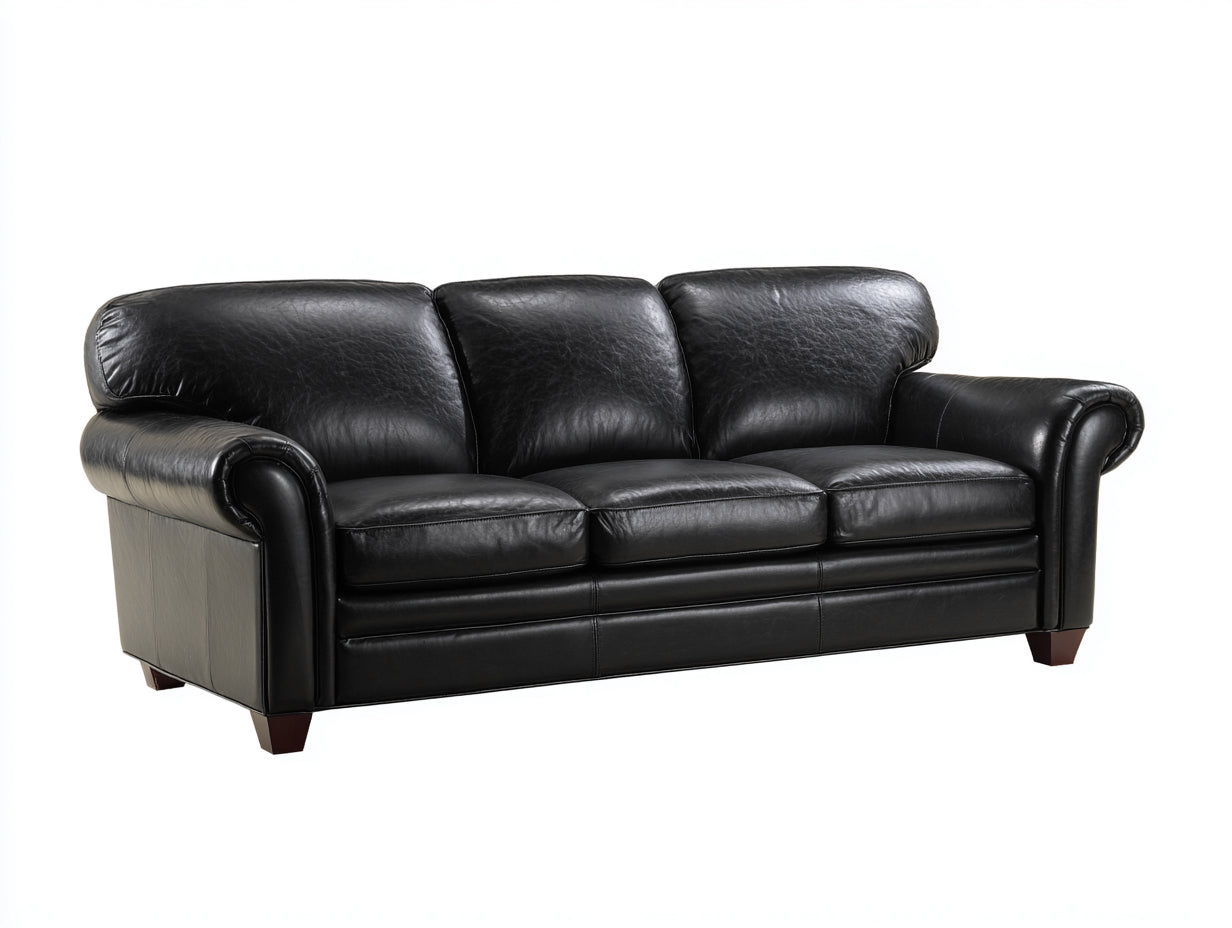 3 Sitzer Sofas aus Kunstleder 224 x 96 x 90 cm - Schwarz Dunkelbraun - Klassisches Design mit gerollten Armlehnen für das Wohnzimmer