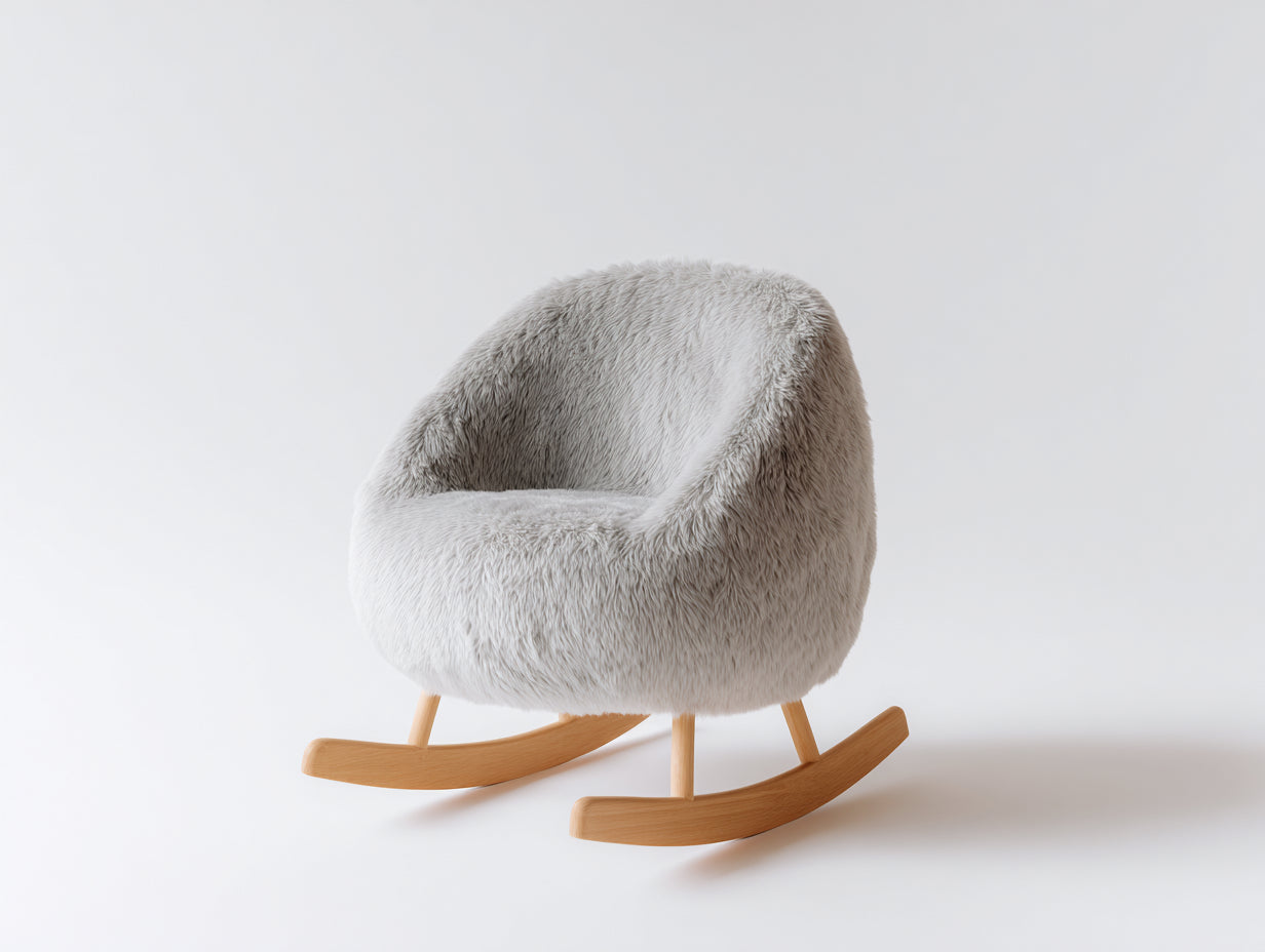 Schaukelstühle Kunstfell und Holz 76x70x84 cm - Hellgrau-Natur - moderner Relax-Stil für Wohnzimmer