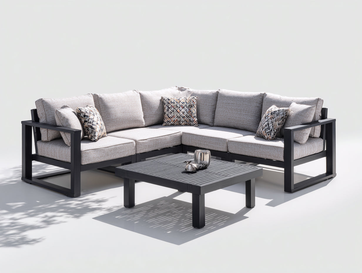 Gartensofa Aluminium und Stoff 265x265x78 cm - Schwarz und Grau - Eckform mit Gartentisch