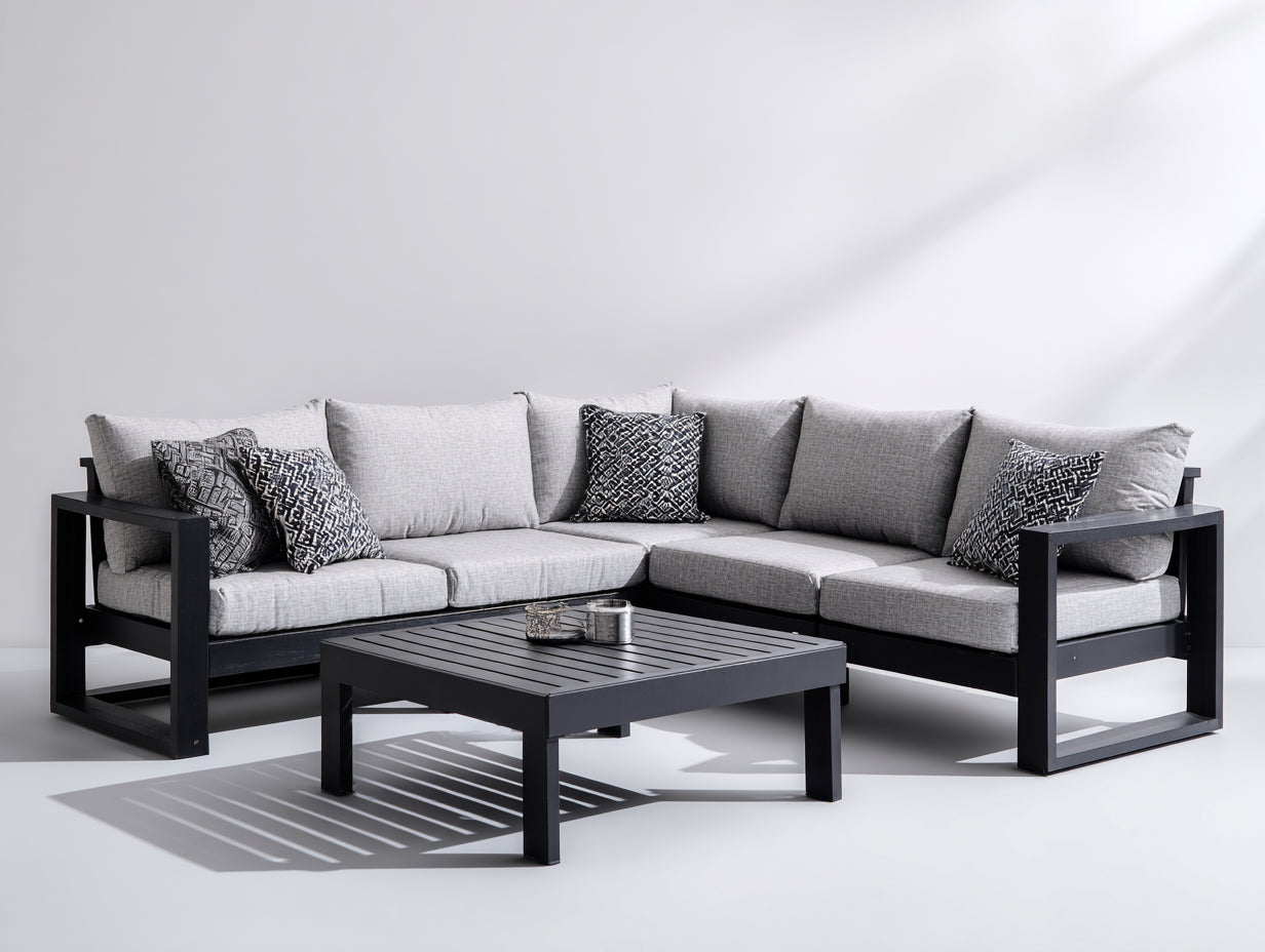 Gartensofa Set aus Metall und Strukturstoff 270 x 270 x 78 cm - Schwarz Hellgrau - Quadratisches Eckdesign mit Gartentisch für Terrasse und Garten