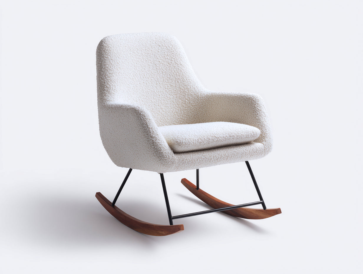 Schaukelstühle Bouclé-Stoff und Holz 92x78x96 cm cremeweiß für Wohnzimmer - moderner Relaxsessel mit Holzkufen