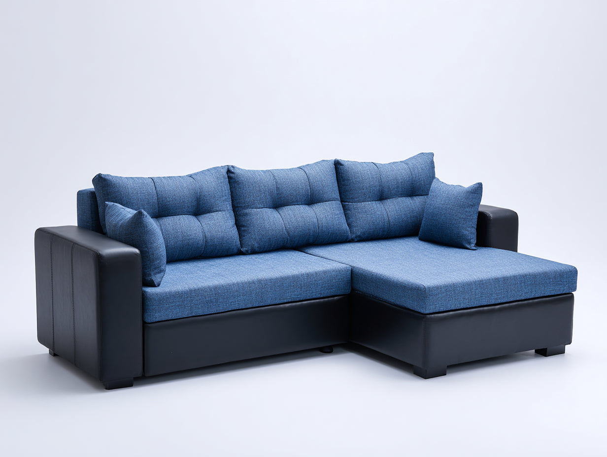 Ecksofa aus Stoff und Kunstleder 245 x 165 x 86 cm - Blau und Schwarz - Modernes Design mit Liegefläche